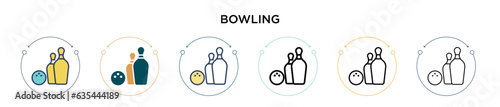 Bowling icon in filled, thin line, outline and stroke style. Vector illustration of two colored and black bowling vector icons designs can be used for mobile, ui, web
