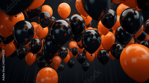 Fotografija Black and orange balloons on a black background, banner for Halloween, a place f
