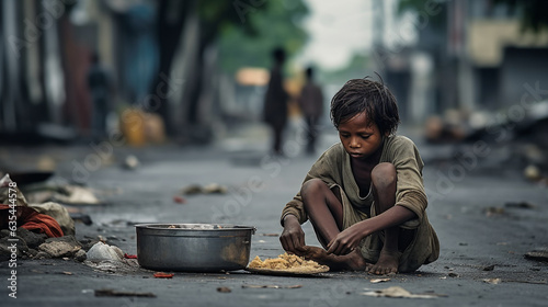 Photo A homeless child sits and asks for food, the problem of hunger, drought, poverty