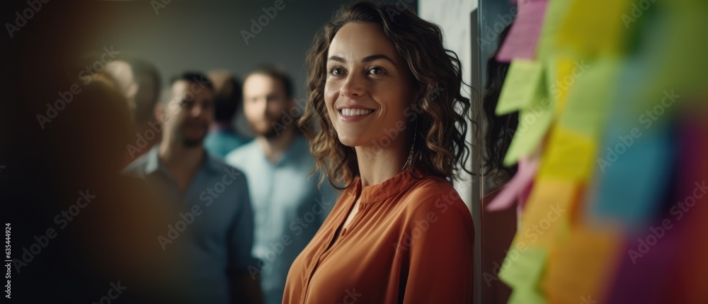 creative caucasian woman in casual wear present to team discussing with colorful note paper on wood table, planning to success concept, Generative AI
