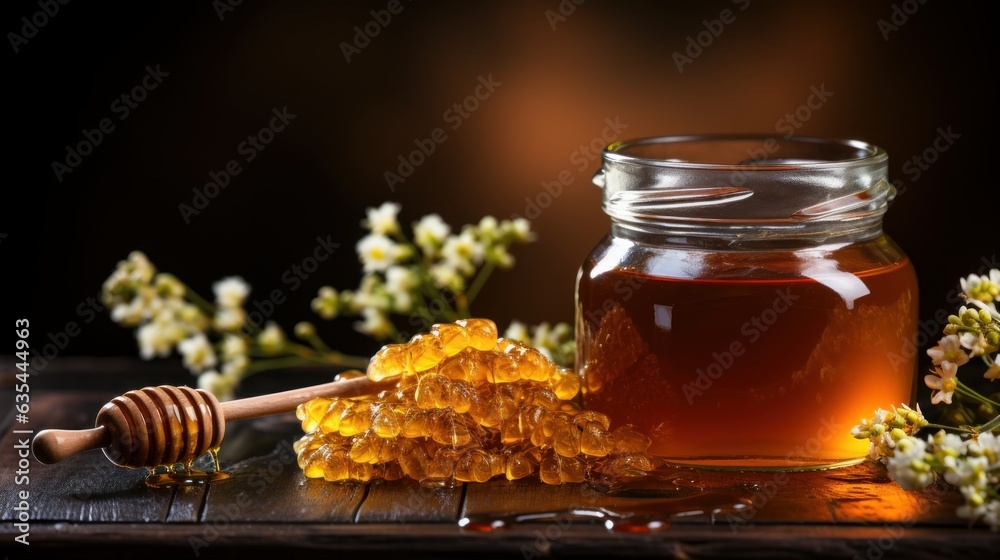 Honey in jar with honey dipper on rustic wooden table background. Honey in jar with honey dipper on rustic wooden table background.
