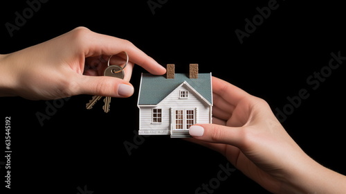 A woman's hands hold a model of a small house, in the style of an infomercial