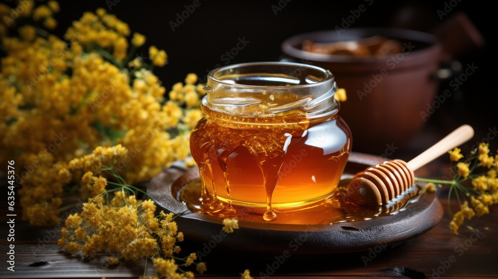 Honey in jar with honey dipper on rustic wooden table background. Honey in jar with honey dipper on rustic wooden table background.
