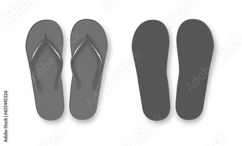 Realistic 3d black Blank Empty Flip Flop Closeup Isolated on White Background. Design Template of Summer Beach Flip Flops Pair Mockup. Vector