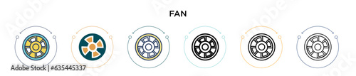 Fan icon in filled, thin line, outline and stroke style. Vector illustration of two colored and black fan vector icons designs can be used for mobile, ui, web