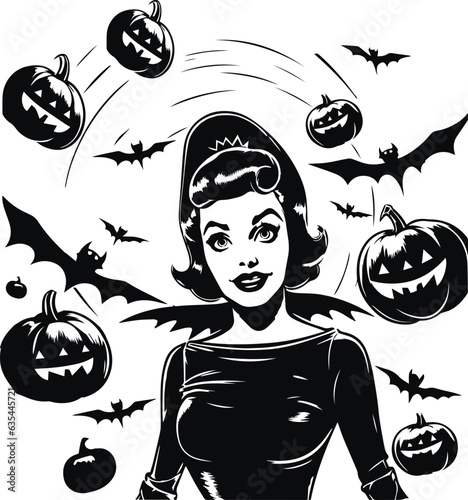 Halloween  woman pumpkin and flying bats them, Happy halloween Vector Illustration, SVG