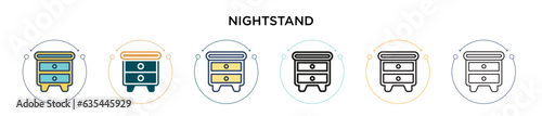 Nightstand icon in filled, thin line, outline and stroke style. Vector illustration of two colored and black nightstand vector icons designs can be used for mobile, ui, web