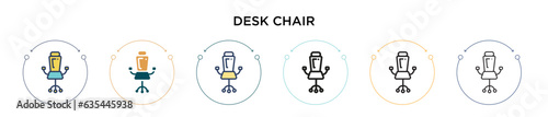 Desk chair icon in filled, thin line, outline and stroke style. Vector illustration of two colored and black desk chair vector icons designs can be used for mobile, ui, web