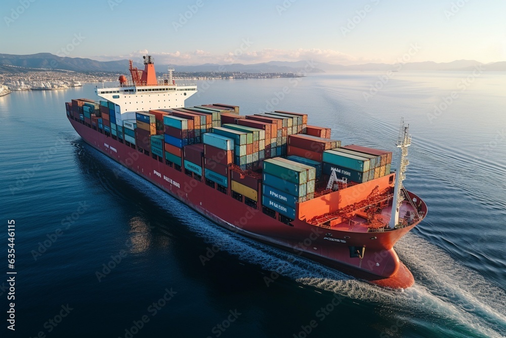 Global logistic trade portrayed by aerial container ship view on international open sea Generative AI