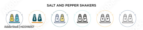 Salt and pepper shakers icon in filled, thin line, outline and stroke style. Vector illustration of two colored and black salt and pepper shakers vector icons designs can be used for mobile, ui, web