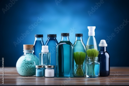 Wallpaper Mural Household cleaning items displayed on white table, blue gradient backdrop, generous negative space Generative AI Torontodigital.ca