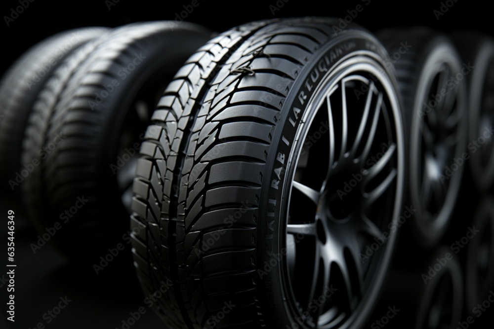 Sleek summer car tire collection on black, lit dramatically, shallow focus Generative AI Sleek summer car tire collection on black, lit dramatically, shallow focus Generative AI