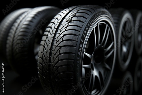 Sleek summer car tire collection on black, lit dramatically, shallow focus Generative AI