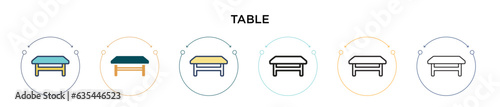 Table icon in filled, thin line, outline and stroke style. Vector illustration of two colored and black table vector icons designs can be used for mobile, ui, web