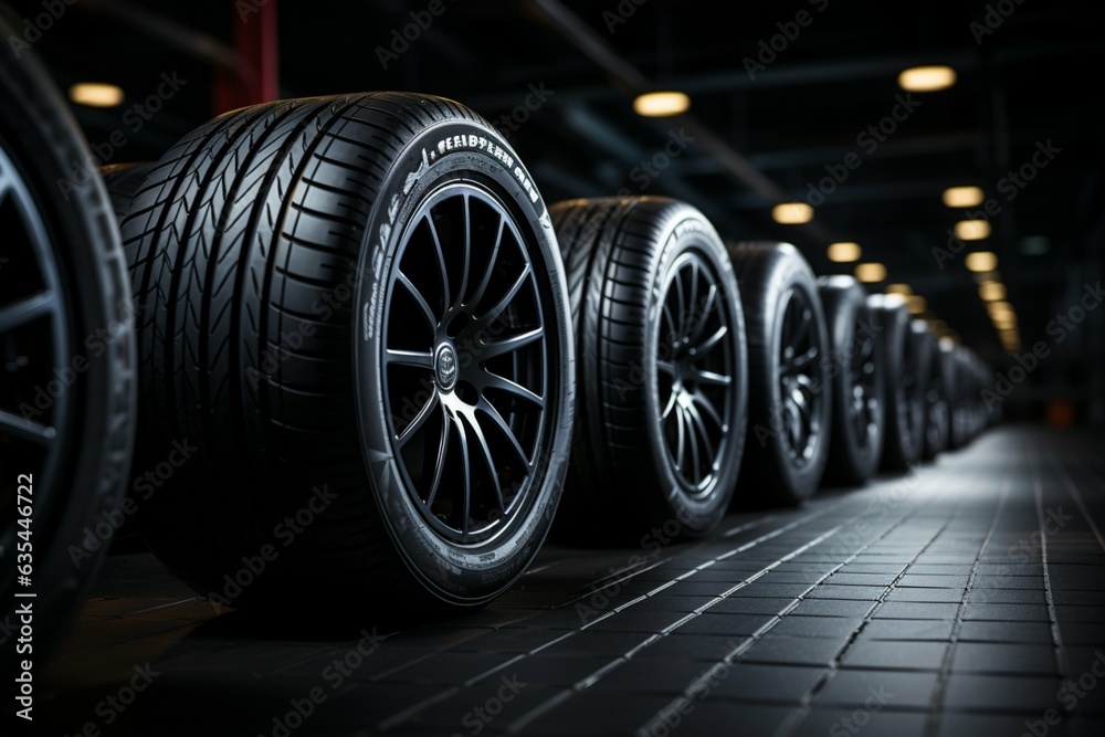 Black backdrop emphasizes fuel efficient summer tires, studio shot with dynamic lighting Generative AI Black backdrop emphasizes fuel efficient summer tires, studio shot with dynamic lighting Generative AI
