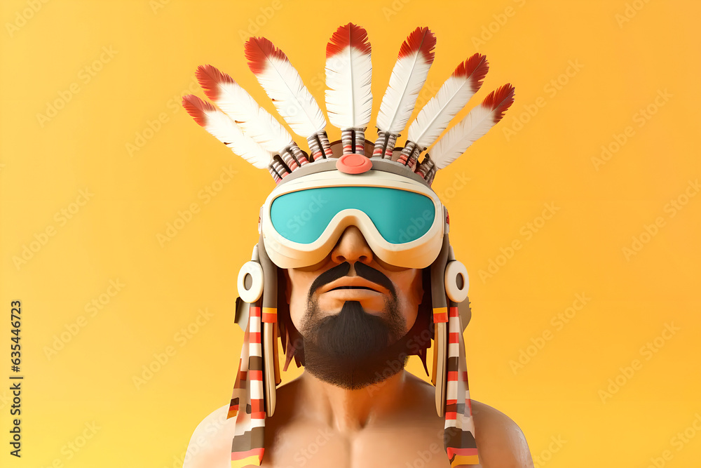 Cool modern native man vr avatar in virtual headset and feather decoration
