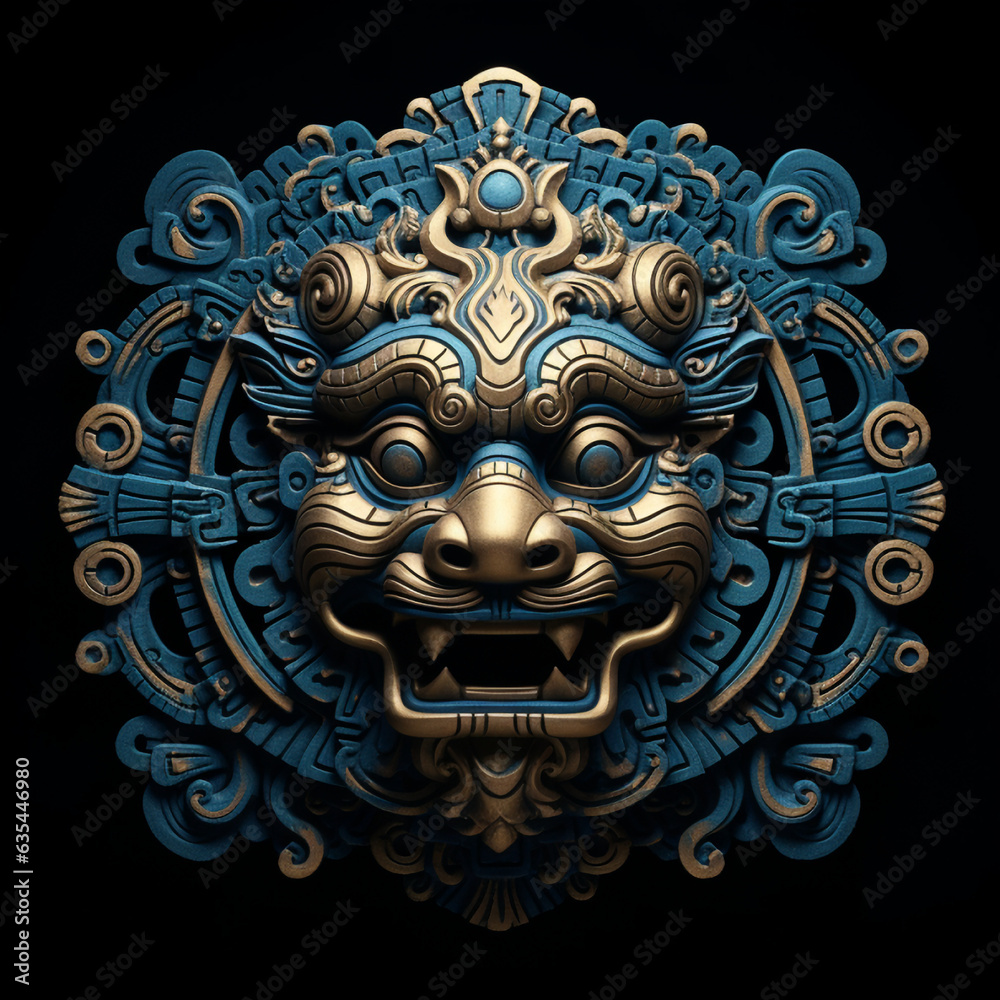 Ancient Metal Lion Sculpture with Intense Gaze, Captured on a Dark Background, generative ai