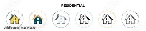 Residential icon in filled, thin line, outline and stroke style. Vector illustration of two colored and black residential vector icons designs can be used for mobile, ui, web