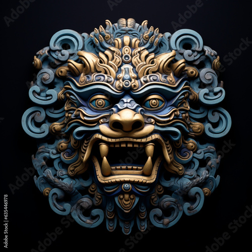 Ancient Metal Lion Sculpture with Intense Gaze, Captured on a Dark Background, generative ai