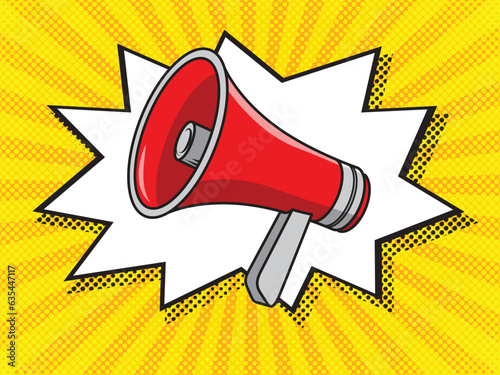 Cartoon red megaphone. Vintage pop art vector illustration