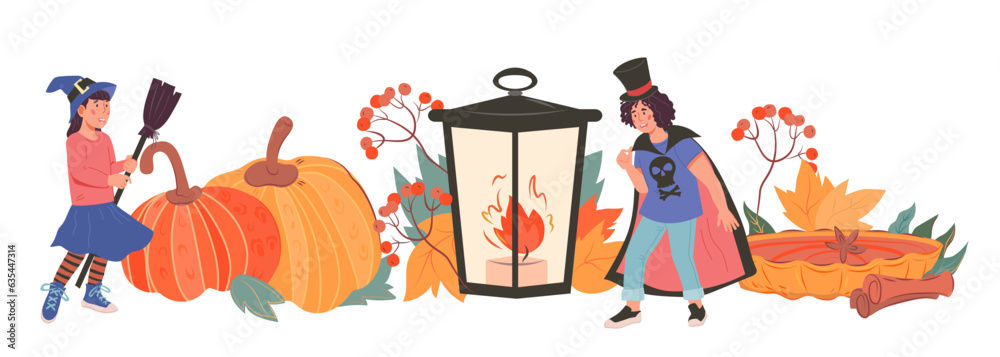 Children in Halloween costumes with pumpkins, flat vector illustration isolated on white background. Design for Halloween party and banner. Children in Halloween costumes with pumpkins, flat vector illustration isolated on white background. Design for Halloween party and banner.
