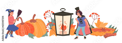 Children in Halloween costumes with pumpkins, flat vector illustration isolated on white background. Design for Halloween party and banner.