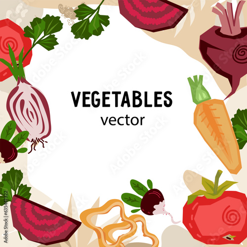 Vegetables and sauce, food preserves label template hand drawn vector illustration. Background with trendy hand drawn elements for food and preserved canned vegetables, meal packs.