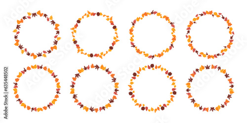 Fall round frames from autumn botanical leaves. Set of autumn leaves circle frame, herbal elements. Fall orange leaves. Can be used as decorations for Back to School, Halloween or Thanksgiving.