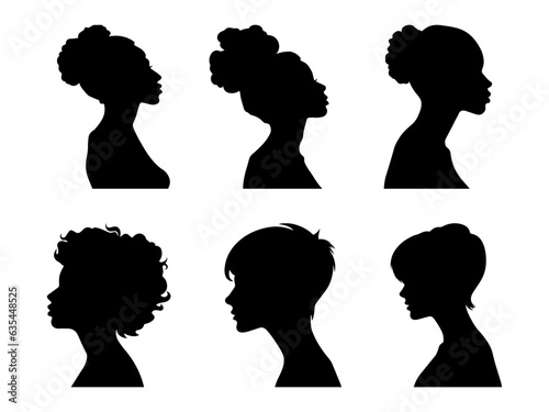 Set vector simple black silhouette of woman, side view, face and neck only. Female silhouette. Women's equality day. International Women's Day. Set of womens silhouettes isolated on white background
