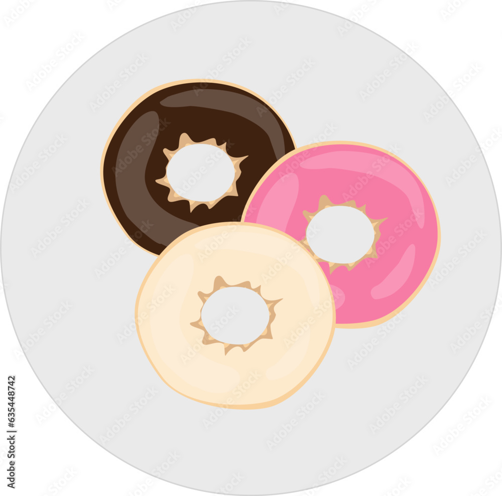 Chocholate, strawberry, and vanilla doughnut on plate Chocholate, strawberry, and vanilla doughnut on plate