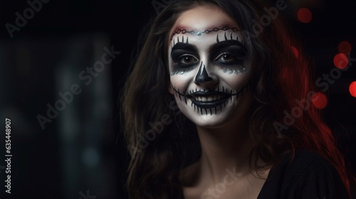 Portrait of a girl in helloween makeup. Generative AI.