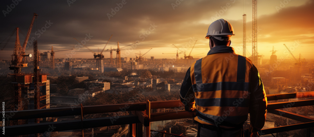 Engineer at Work on Construction Site: An engineer wearing a protective cask and yellow vest works on a construction site, the building cranes in the background a reminder of the scale of the project Engineer at Work on Construction Site: An engineer wearing a protective cask and yellow vest works on a construction site, the building cranes in the background a reminder of the scale of the project
