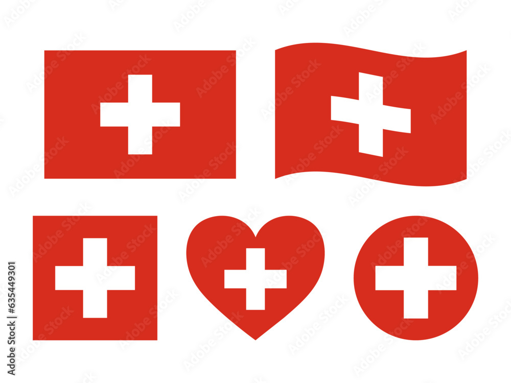 Switzerland flag signs set. Swiss heart shape, square shape decorative element. Independence Day of Switzerland. National symbols for Swiss holidays - round flag, circle emblem Switzerland flag signs set. Swiss heart shape, square shape decorative element. Independence Day of Switzerland. National symbols for Swiss holidays - round flag, circle emblem