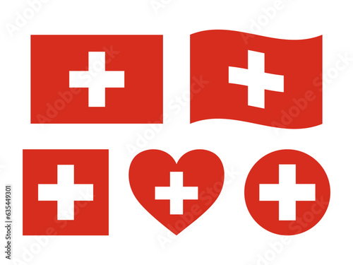 Switzerland flag signs set. Swiss heart shape, square shape decorative element. Independence Day of Switzerland. National symbols for Swiss holidays - round flag, circle emblem