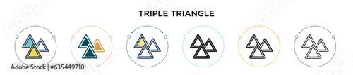 Triple triangle icon in filled, thin line, outline and stroke style. Vector illustration of two colored and black triple triangle vector icons designs can be used for mobile, ui, web