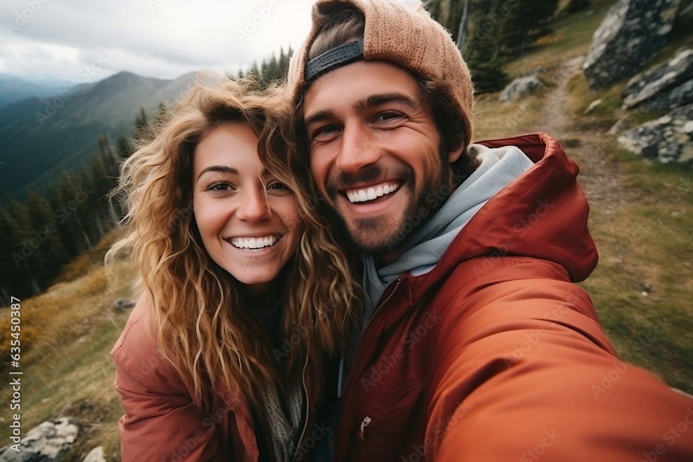 Selfie photo of a joyous, beaming, adorable couple, Generative Ai