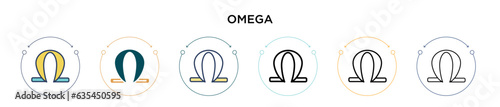 Omega icon in filled, thin line, outline and stroke style. Vector illustration of two colored and black omega vector icons designs can be used for mobile, ui, web