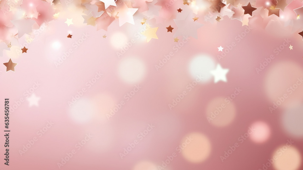 pink,blurred background with small gold stars elements festive Christmas Valentine day greetings template