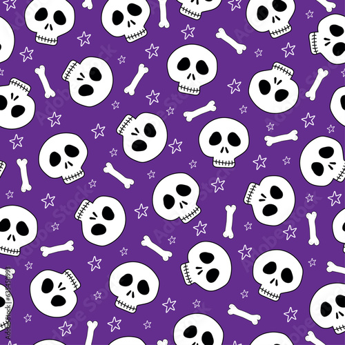Skull and bones seamless pattern on purple background. Good for textile print, wrapping, and wall paper, backgound and other decoration.