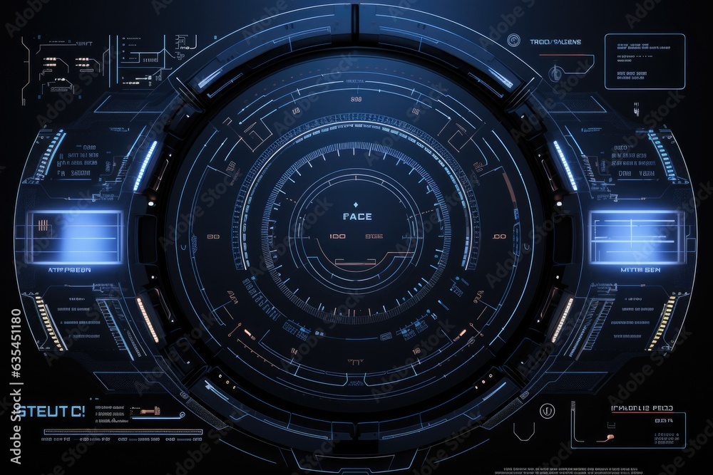 Abstract technology hud interface hologram elements neon lights, circle percent vitality innovation on hi tech future design. Generative AI Abstract technology hud interface hologram elements neon lights, circle percent vitality innovation on hi tech future design. Generative AI