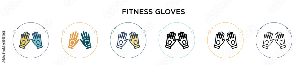 Fototapeta premium Fitness gloves icon in filled, thin line, outline and stroke style. Vector illustration of two colored and black fitness gloves vector icons designs can be used for mobile, ui, web