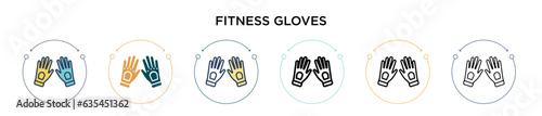 Fitness gloves icon in filled, thin line, outline and stroke style. Vector illustration of two colored and black fitness gloves vector icons designs can be used for mobile, ui, web