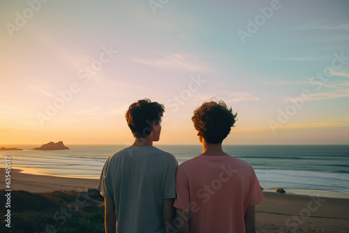 backside of two men looking at the ocean, ai generated
