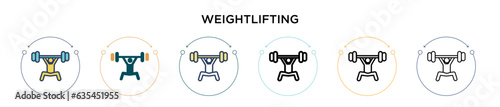 Weightlifting icon in filled, thin line, outline and stroke style. Vector illustration of two colored and black weightlifting vector icons designs can be used for mobile, ui, web