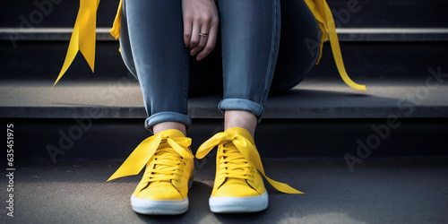 Girl with yellow shoes sitting, representing the World Suicide Prevention Campaign, Yellow September