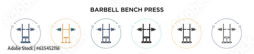 Barbell bench press icon in filled, thin line, outline and stroke style. Vector illustration of two colored and black barbell bench press vector icons designs can be used for mobile, ui, web