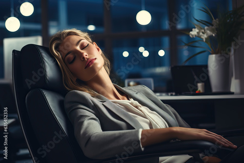 businesswoman sleeping at her desk at night, ai generated