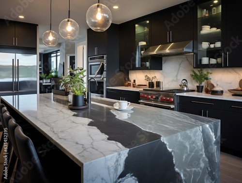 Fotografía que muestra una cocina contemporánea, resplandecientes encimeras de mármol frente a gabinetes mate en negro. photo