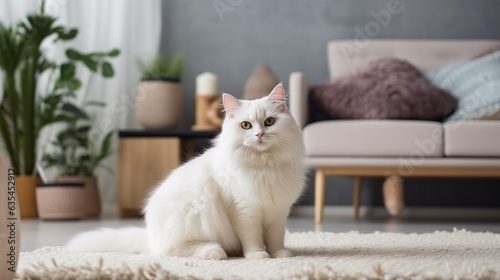 Generative AI, fluffy white cat lies on the carpet in the living room, beloved pet, modern interior in the apartment, own housing, real estate, keeping animals photo
