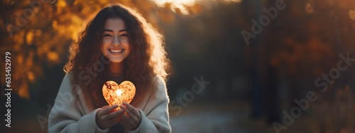 Mental health in Autumn season. Fall happy mood, positive emotions as a remedy for autumn depression. Autumn photo of happy beautiful girl holding glow heart shape in hands.